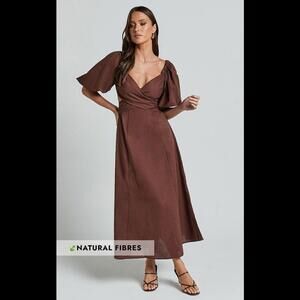 Amalie dress womens 12 brown linen cotton janae midaxi puff sleeve cross front